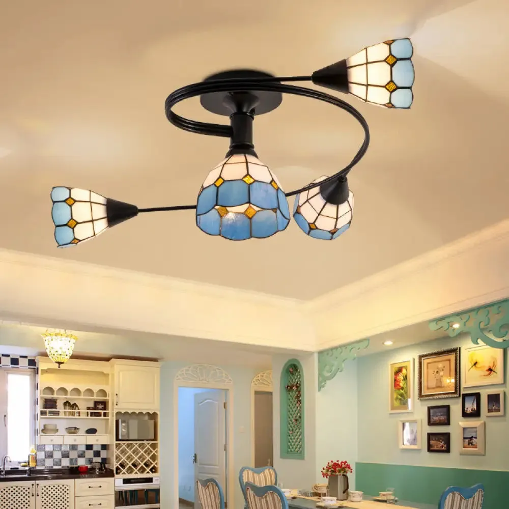 Mediterranean Swirl Semi Flush Ceiling Light with Floral Accents – Light Blue and White Glass, Ideal for Living Room