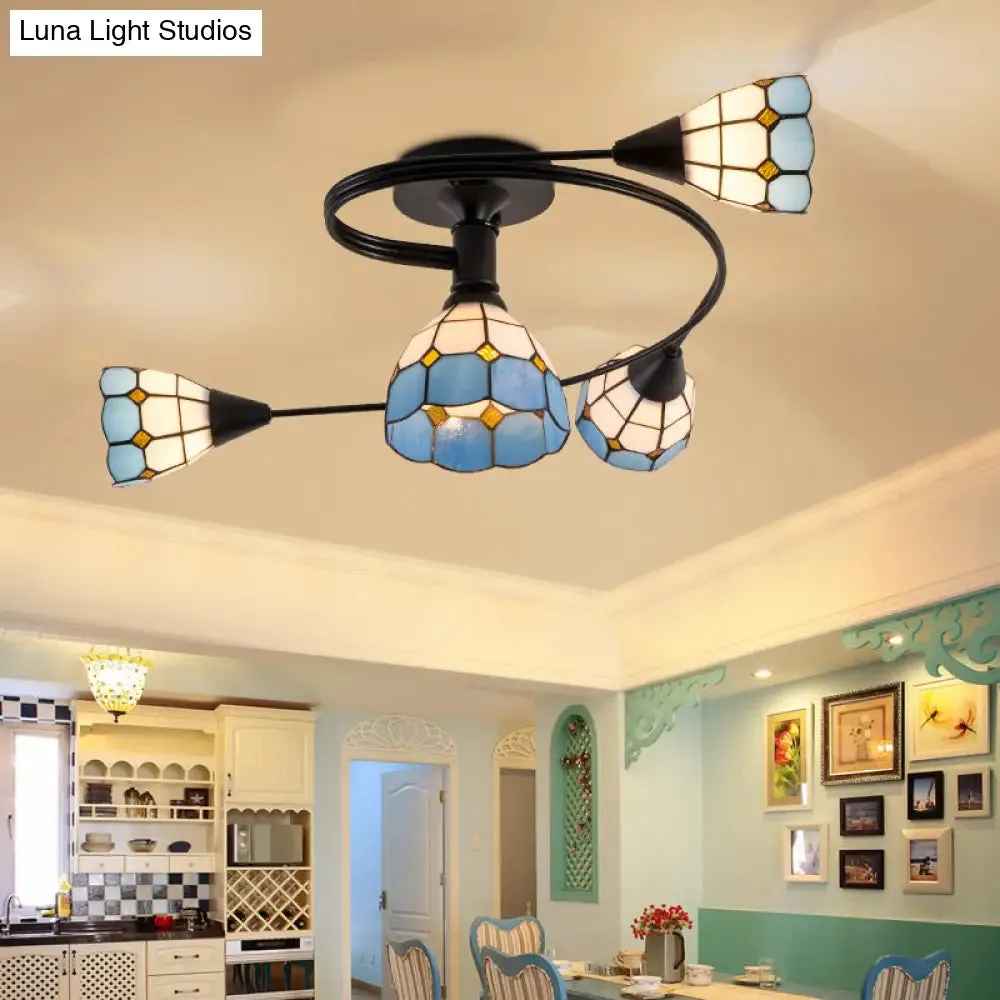 Mediterranean Swirl Semi Flush Ceiling Light with Floral Accents – Light Blue and White Glass, Ideal for Living Room