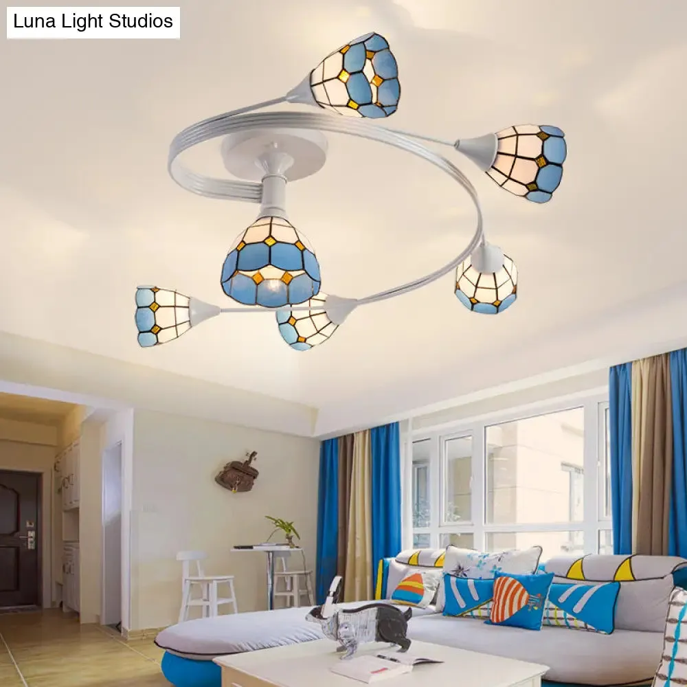 Mediterranean Swirl Semi Flush Ceiling Light with Floral Accents – Light Blue and White Glass, Ideal for Living Room