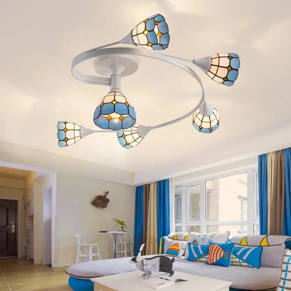 Mediterranean Swirl Semi Flush Ceiling Light with Floral Accents – Light Blue and White Glass, Ideal for Living Room