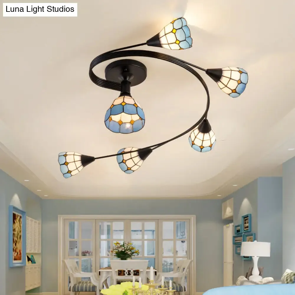 Mediterranean Swirl Semi Flush Ceiling Light with Floral Accents – Light Blue and White Glass, Ideal for Living Room