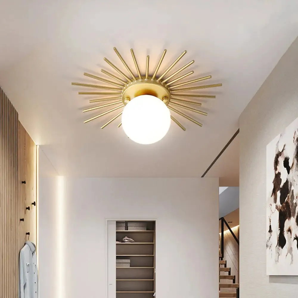 Minimalistic Gold Spherical Flush Mount Lighting w/ Frosted Glass Shade - 1 Bulb Ceiling Fixture