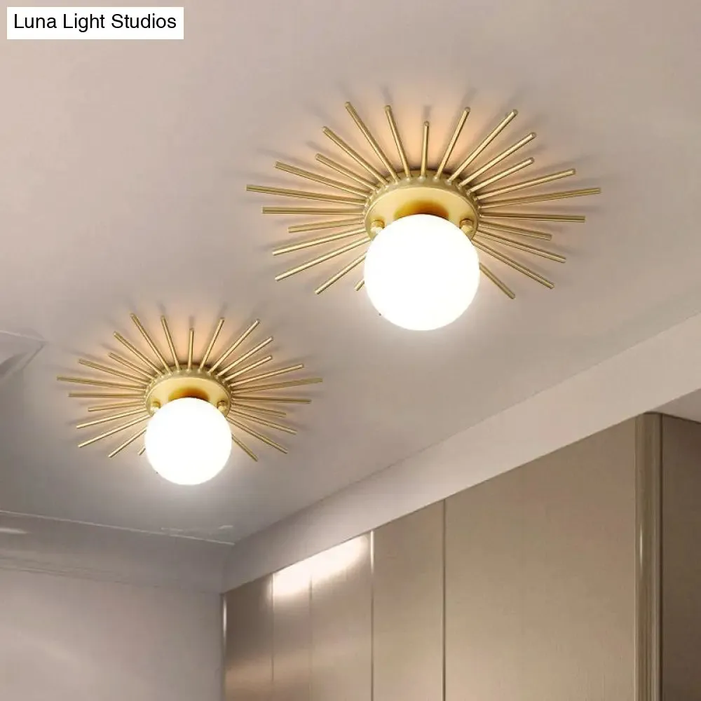 Minimalistic Gold Spherical Flush Mount Lighting w/ Frosted Glass Shade - 1 Bulb Ceiling Fixture