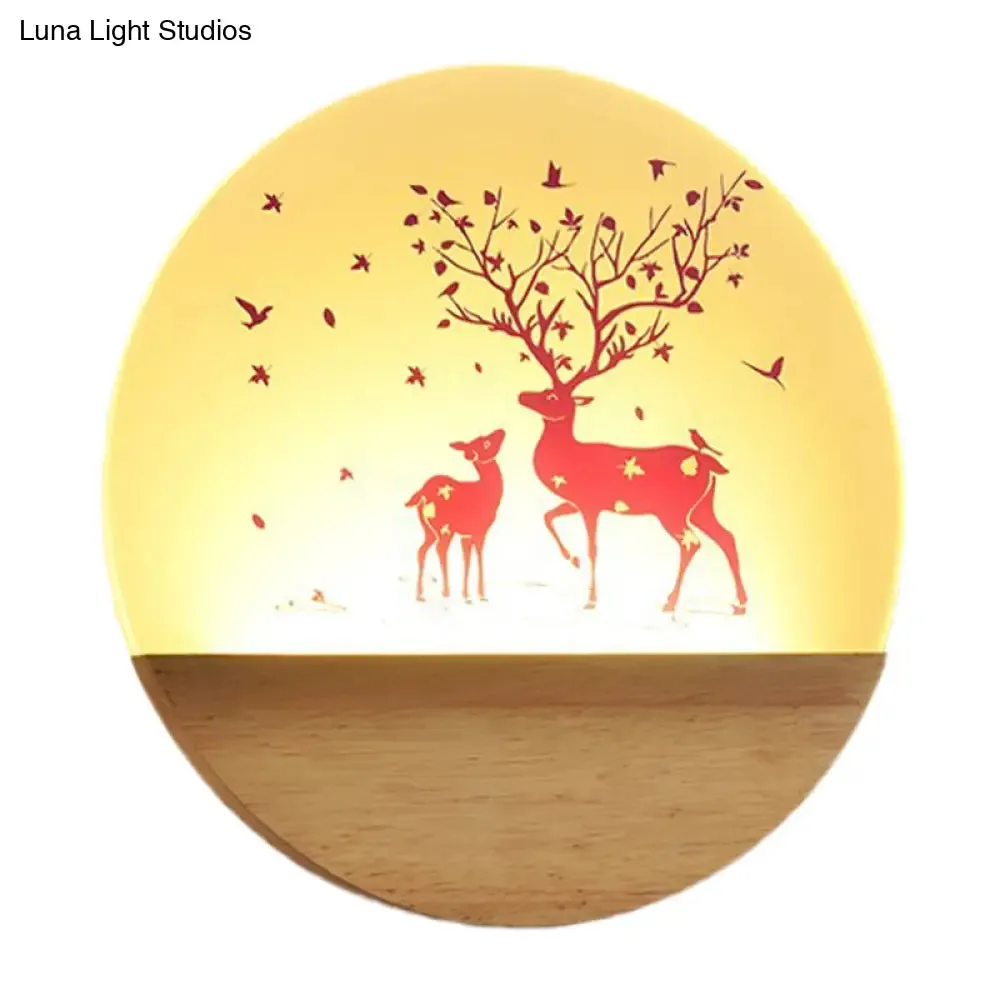 Nordic Wood Sconce with LED Mural Light, Deer/Bird Patterned Acrylic Shade - Ideal for Bedroom Wall Mount