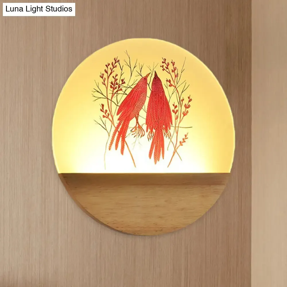 Nordic Wood Sconce with LED Mural Light, Deer/Bird Patterned Acrylic Shade - Ideal for Bedroom Wall Mount