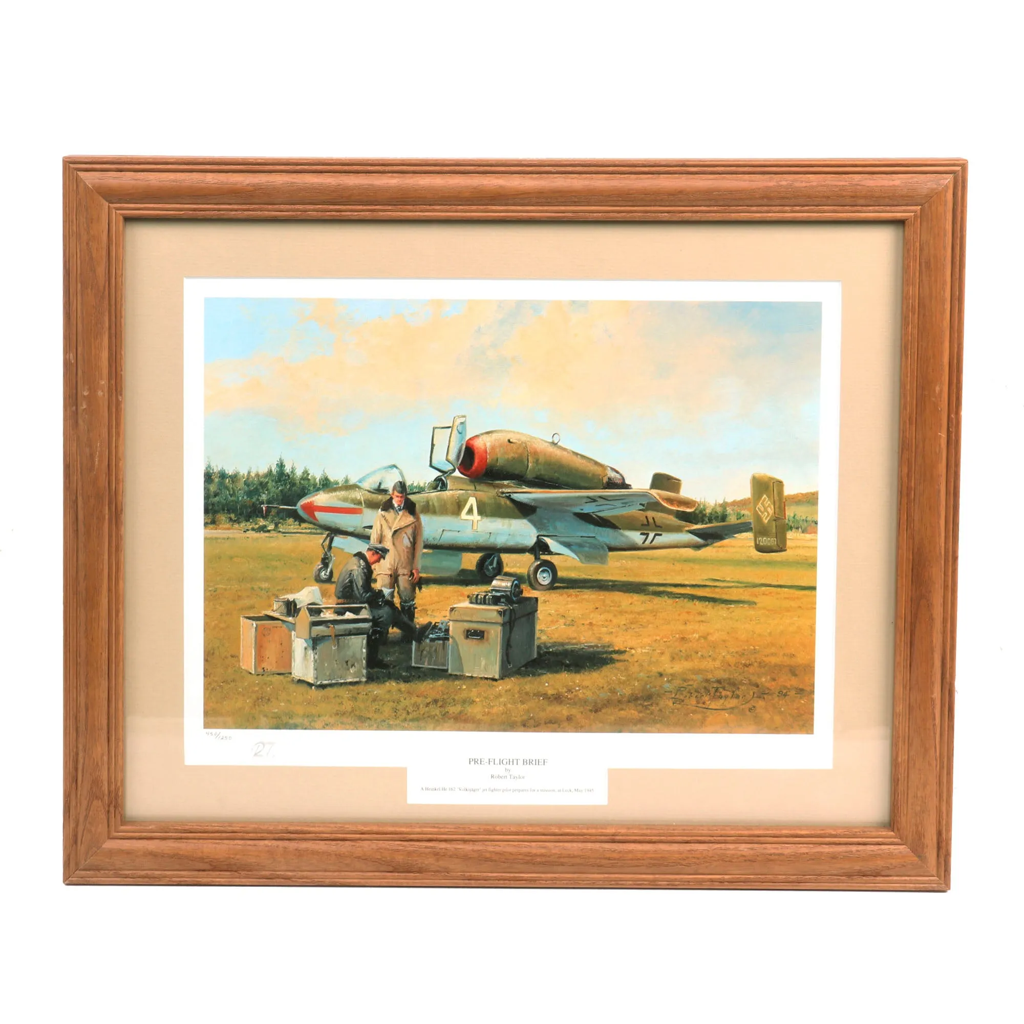 Original Artwork Print: “Pre-Flight Brief” Painting of Heinkel He 162 Volksjäger Pilot Preparing for a Mission; Signed by Artist - 19" x 15 ½", in Museum Grade Frame