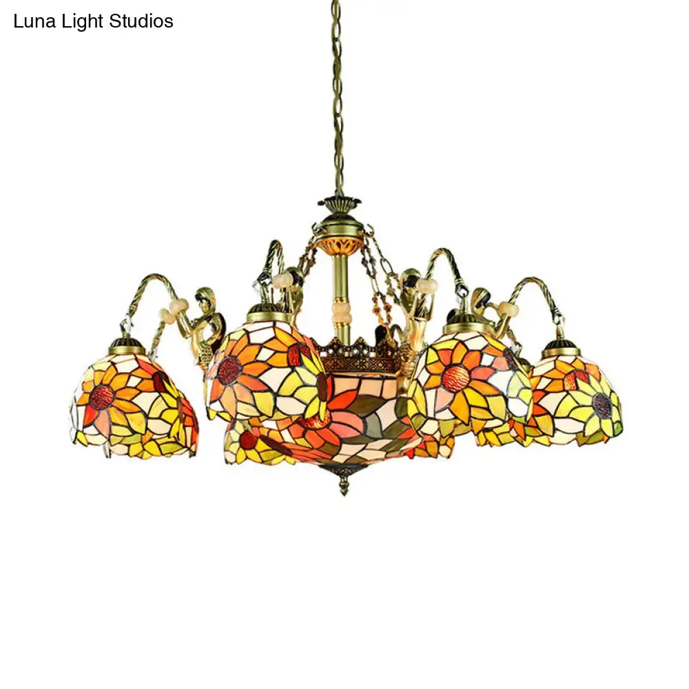 Sunflower Tiffany Cut Glass Pendant Chandelier with 9/11 Tribute Lights in Orange for Bedroom