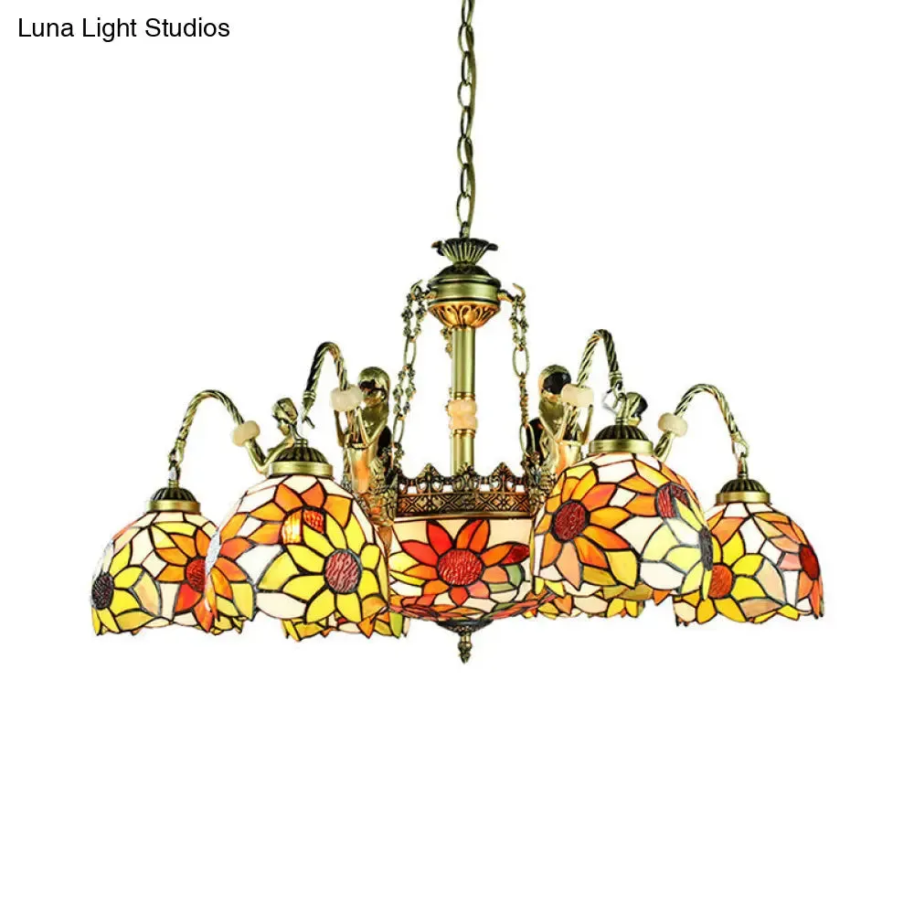 Sunflower Tiffany Cut Glass Pendant Chandelier with 9/11 Tribute Lights in Orange for Bedroom