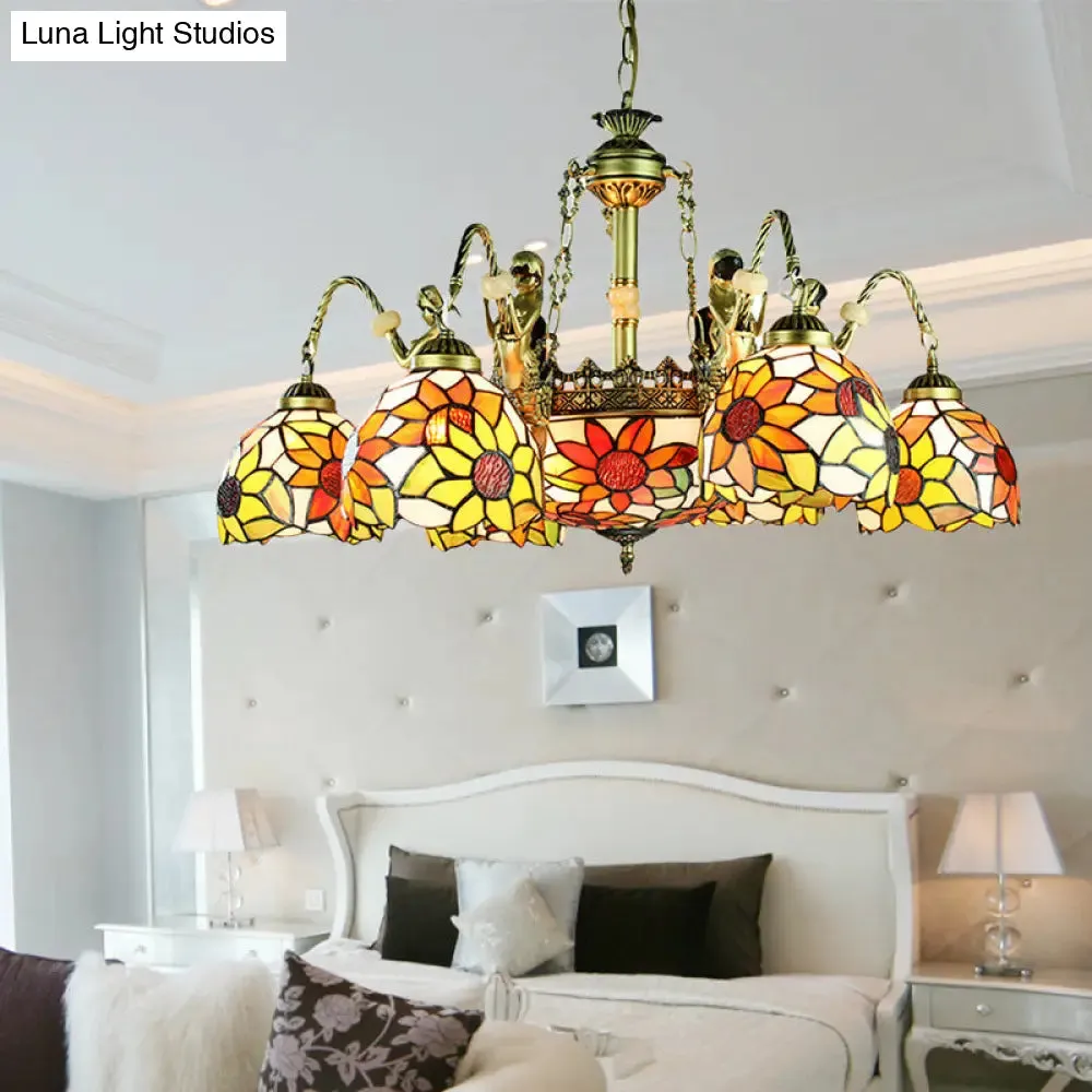 Sunflower Tiffany Cut Glass Pendant Chandelier with 9/11 Tribute Lights in Orange for Bedroom