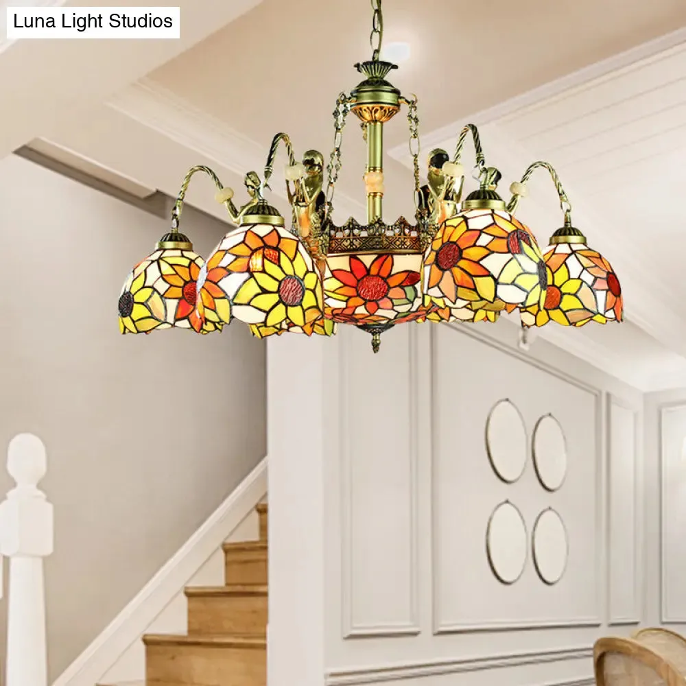 Sunflower Tiffany Cut Glass Pendant Chandelier with 9/11 Tribute Lights in Orange for Bedroom