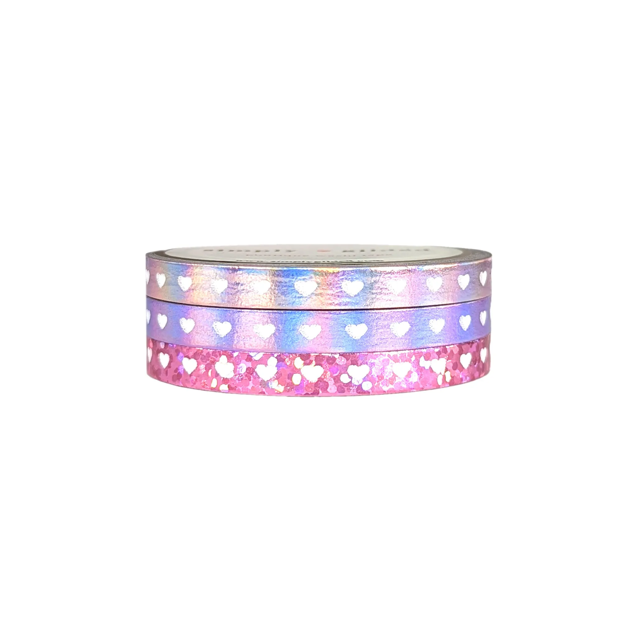 Sweetheart Holographic washi set of 3 (5mm   inverse foil / white hearts)