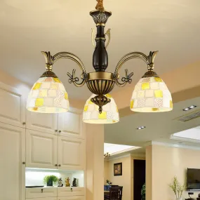 Traditional Shell Dome Suspension Lamp with Curved Arm - 3-Light Pendant for Foyer