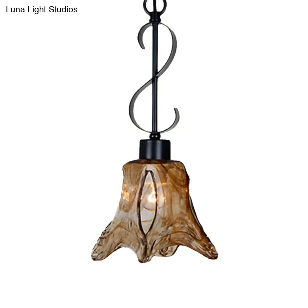 Traditional Tan Textured Glass Hanging Light with Flower Design - Black Pendant Lighting for Dining Room