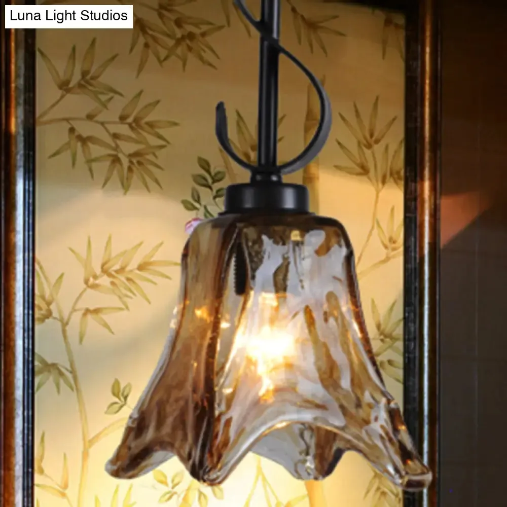 Traditional Tan Textured Glass Hanging Light with Flower Design - Black Pendant Lighting for Dining Room