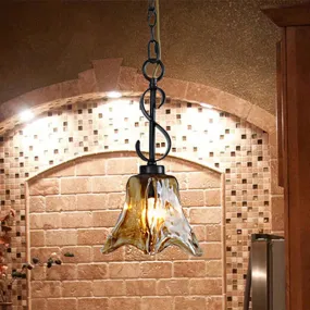 Traditional Tan Textured Glass Hanging Light with Flower Design - Black Pendant Lighting for Dining Room