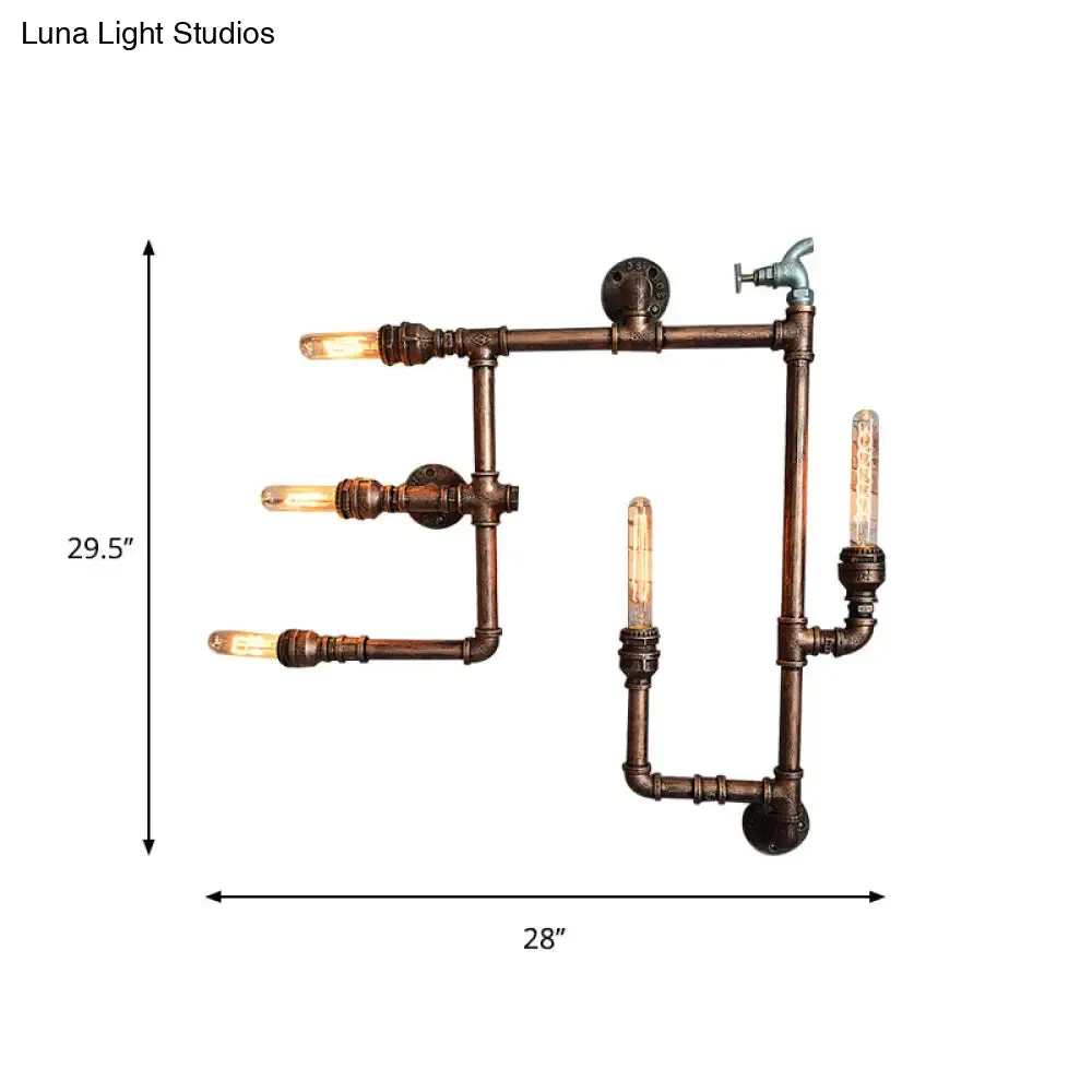 Wrought Iron Vintage Wall Sconce with Aged Brass Finish & 5 Bare Bulb Lights - Piped Design - Wall Mount Lighting