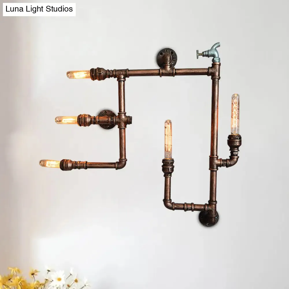 Wrought Iron Vintage Wall Sconce with Aged Brass Finish & 5 Bare Bulb Lights - Piped Design - Wall Mount Lighting