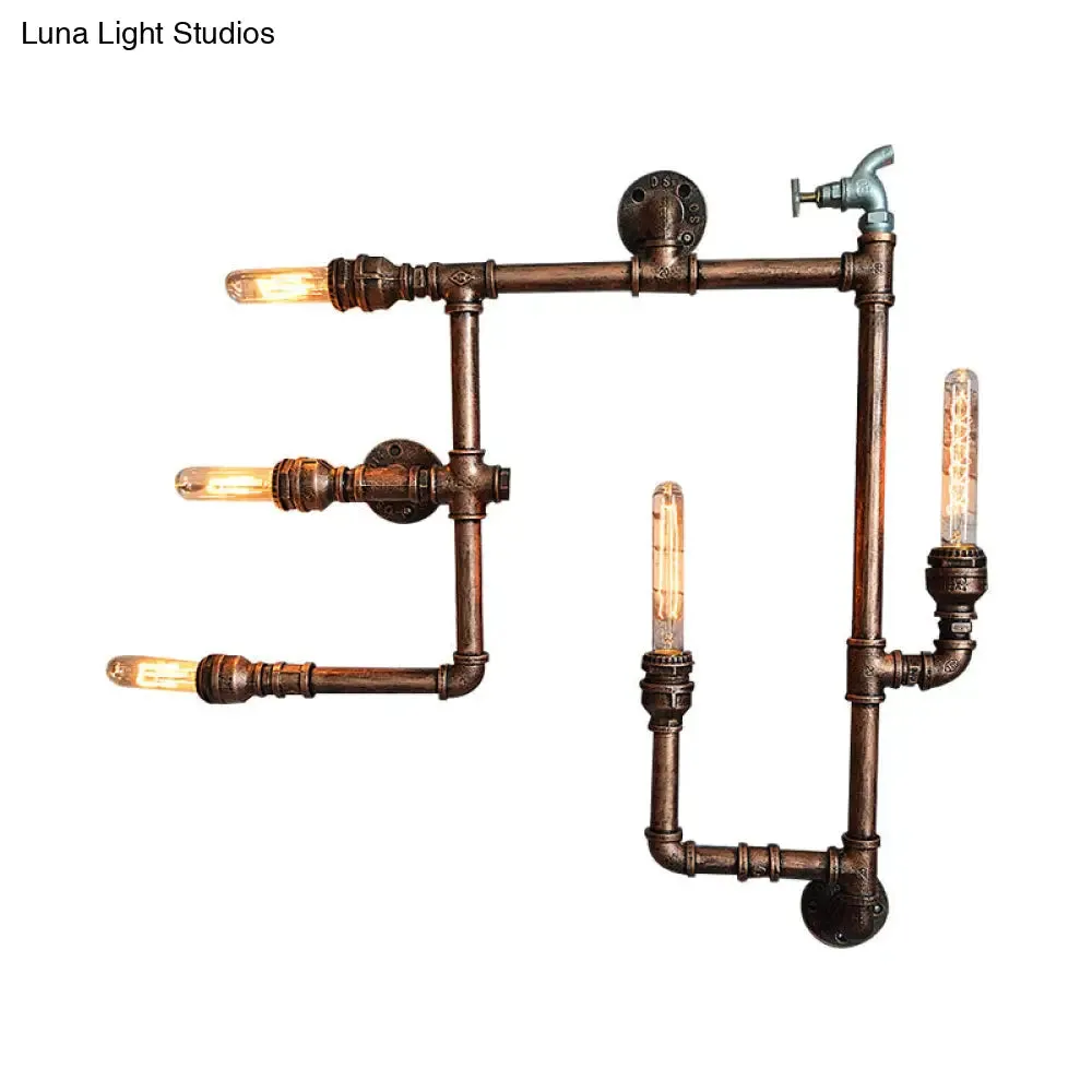 Wrought Iron Vintage Wall Sconce with Aged Brass Finish & 5 Bare Bulb Lights - Piped Design - Wall Mount Lighting